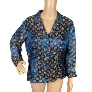 Vtg Y2K Blue Jacquard Asian Dragon Brocade Blouse Women's M